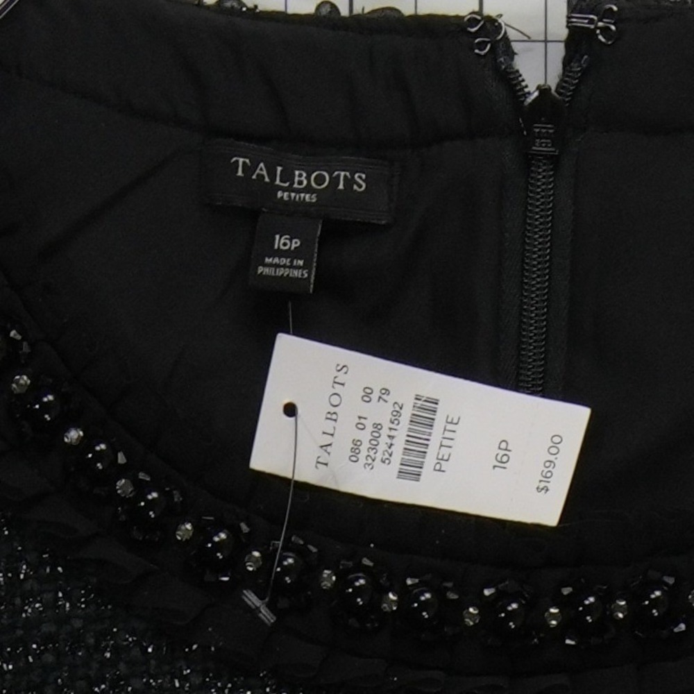 New Talbots Tweed Sheath Dress Women's Size 16P Black Beaded Metallic Sleeve - Picture 4 of 7